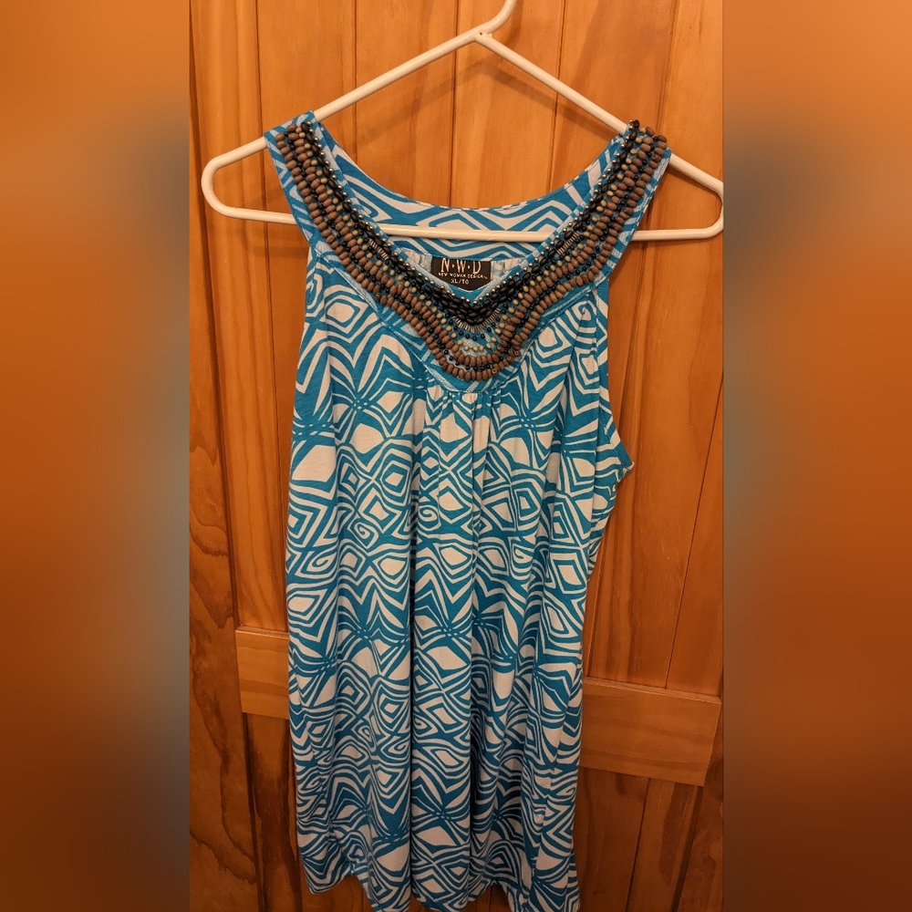 Mediterranean XL Print Beaded V Neck Sleeveless Tunic